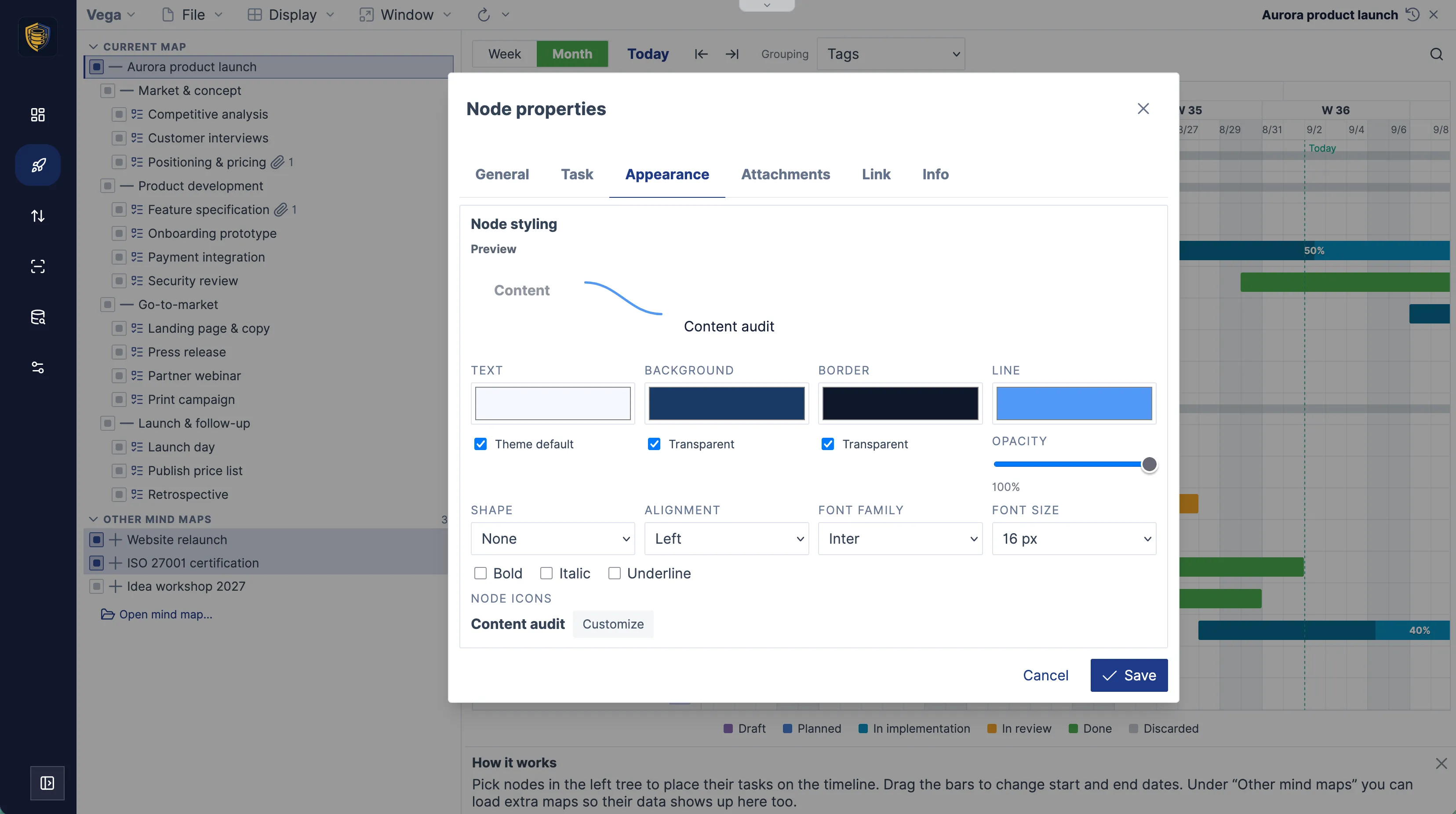 The node inspector, appearance tab with colours, shapes and icons