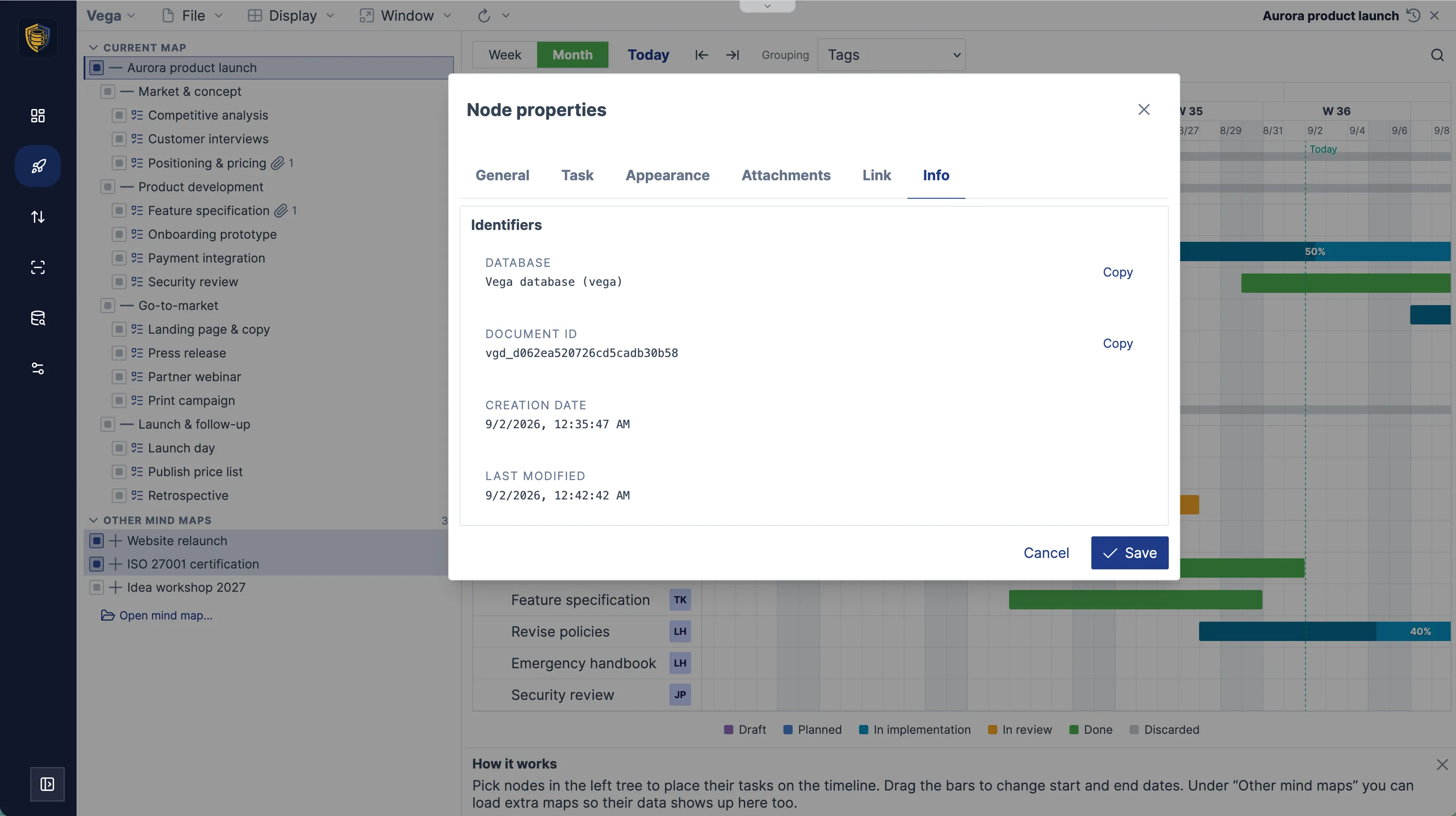 The node inspector, info tab with creation and change data