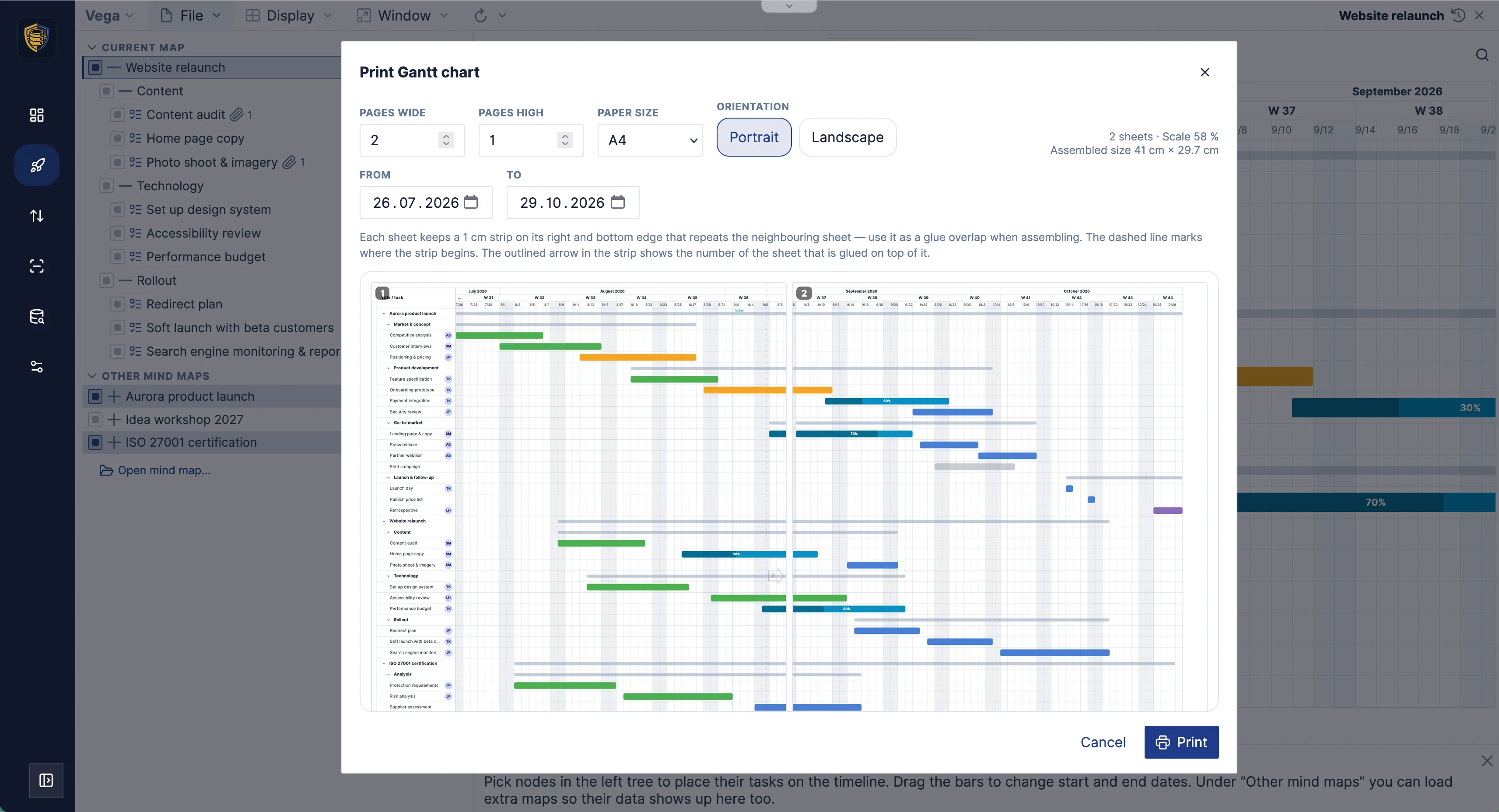 The poster print dialog tiling a Gantt chart across several sheets