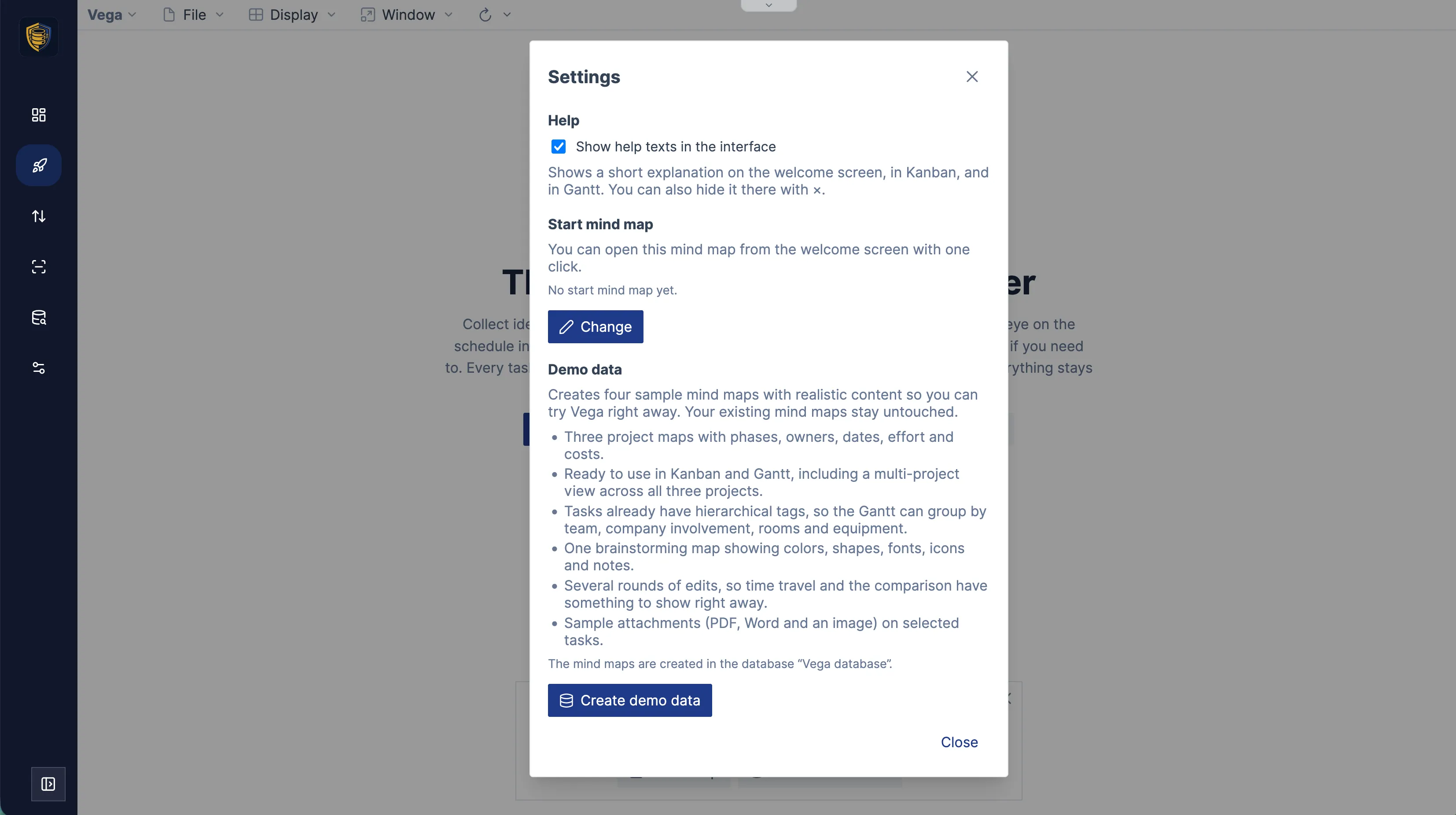 The Vega settings page offering to create demo data